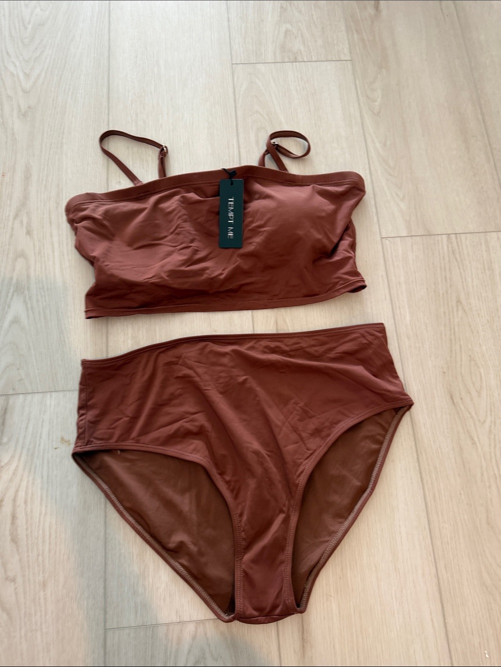 High-Waist Bandeau Bikini Set in Rust Brown by Tempt Me